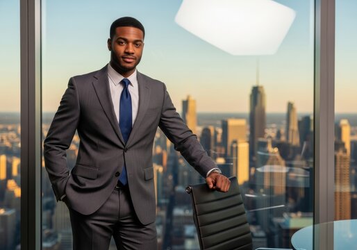 Professional businessman posing confidently in a high-rise office overlooking a sprawling city skyline at sunset