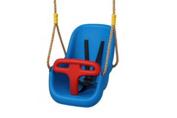 Blue plastic baby swing seat with red safety t-bar and harness, hanging on ropes, transparent background, playground fun