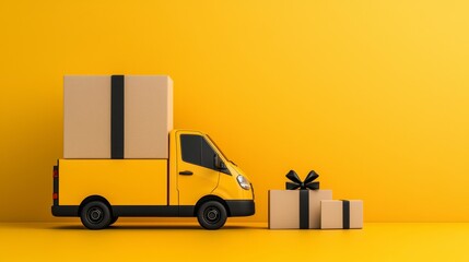 Yellow Delivery Truck with Gift Boxes on Yellow Background