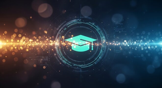 Graduation Cap Icon in Digital Network with Bokeh Lights education