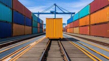 Yellow Shipping Container on Railway Tracks at a Sunny Port