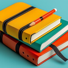 Yellow Teal and Orange Notebooks with Red Pencil on Blue Background