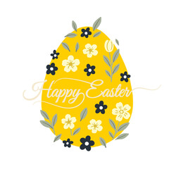 Spring holiday, Easter celebration. A modern card and banner. Patterned eggs with bunnies and flowers.