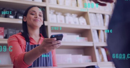 Barista offering POS, customer tapping smartwatch to pay, teal overlays animating around cafe cup