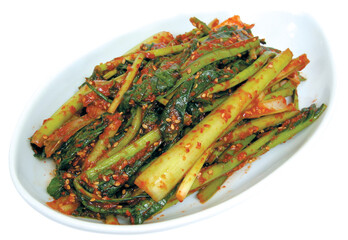 Spicy Korean Komatsuna Kimchi on White Plate