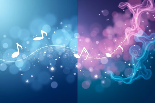 Blue and purple cosmic music notes swirl, glowing particles dance between vibrant hues in abstract digital art.