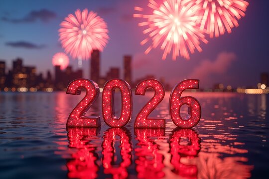 Red "2026" numbers float on water under fireworks, city lights glow in background. festive new year celebration scene.