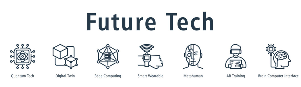 Future Tech web banner icon vector illustration concept with icon of quantum tech, digital twin, edge computing, smart wearable, metahuman, AR training, and brain computer interface.