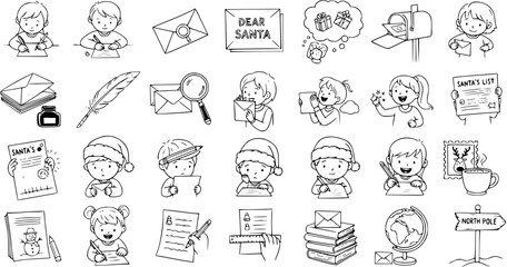 Cute Doodle Set of Kids Writing Letters to Santa Claus: Vector Illustration