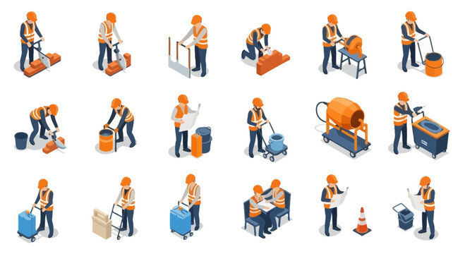 Isometric illustrations depict construction workers performing various tasks, including operating machinery, reviewing blueprints, and transporting equipment.