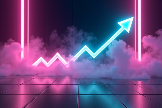 Neon graph arrow rises through misty stage, glowing blue and pink lines symbolizing growth in futuristic cyberpunk setting.