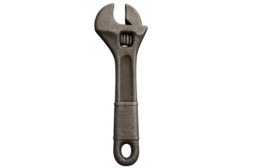 Adjustable wrench for various mechanical, handyman, and trade jobs. Metal spanner with open jaws for fixing and tightening on transparent background