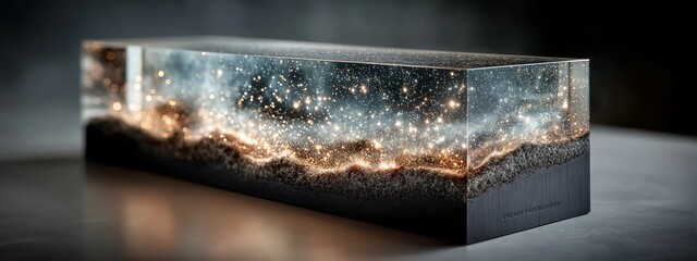 a rectangular box with a stunning galaxy pattern, illuminated by soft lights