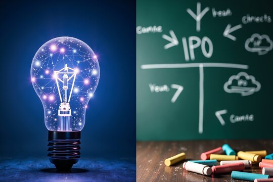 Idea lightbulb glows beside chalkboard diagramming IPO, symbolizing innovation and startup finance education.