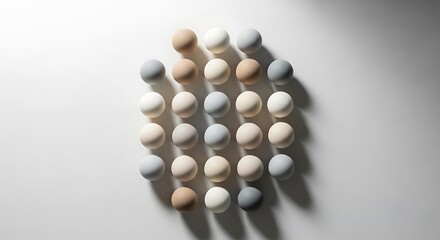 Top down view of pastel colored macarons arranged in a neat grid on a white background with dramatic shadows.