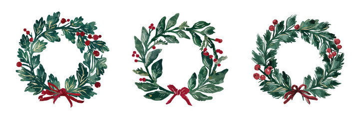Set of Watercolor Christmas Wreaths and Holiday Elements