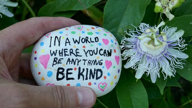 Hand holding up be kind kindness rock by passion flower