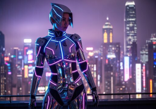 Female futuristic warrior stands overlooking a luminous metropolis at night - Powered by Adobe