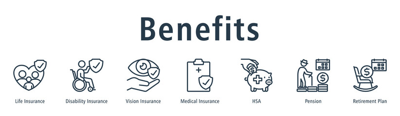 Benefits web banner icon vector illustration concept with icon of life insurance, disability insurance, vision insurance, medical insurance, HSA, pension, and retirement plan. © hans_ts