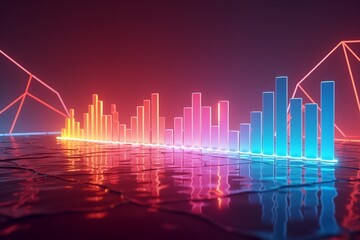 Neon-lit futuristic cityscape of glowing bars and curves, vibrant colors reflecting on sleek dark floor.