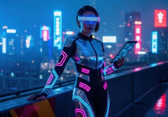 Futuristic woman wearing illuminated suit utilizes portable electronic device on rain slicked high rise platform overlooking city nightscape