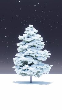 A silvery Christmas scene with a traditional pine tree rotating 360 degrees under the snow. Seamless loop.