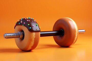 Donut dumbbell on orange background. Sweet treats meet fitness, playful contrast between indulgence and exercise in vibrant color scheme.
