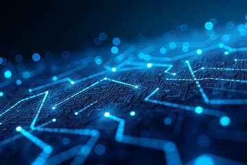 Blue circuit board glowing with data streams, futuristic tech design, abstract digital network in deep blue hues.