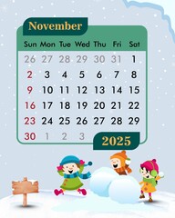 November calendar with snow theme