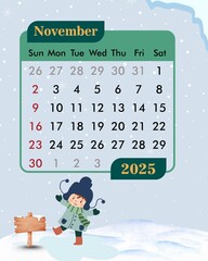 November calendar with snow theme