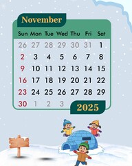 November calendar with snow theme
