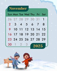 November calendar with snow theme
