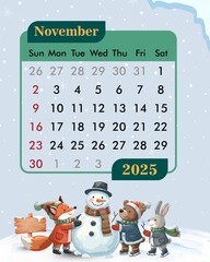 November calendar with snow theme