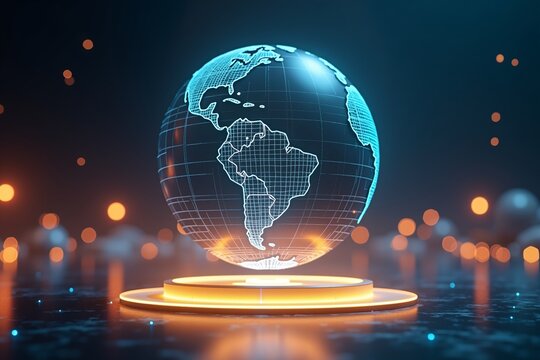 Futuristic glowing globe on illuminated pedestal, surrounded by warm bokeh lights in dark space. Digital world concept.