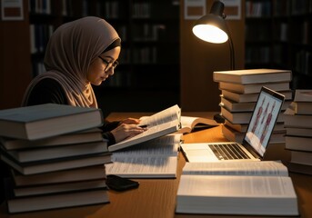Young woman wearing head covering diligently studies late at night surrounded by numerous academic texts