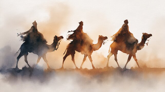 Journey of three wise men on camels in desert mist