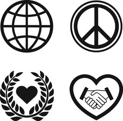 Black icons globe peace laurel wreath heart handshake world earth