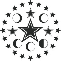 Black stars and moon phases arranged in a circular pattern on a grey background celestial bodies crescent moon