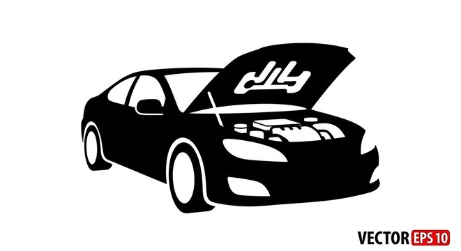 Car with Open Hood Silhouette Vector Illustration.