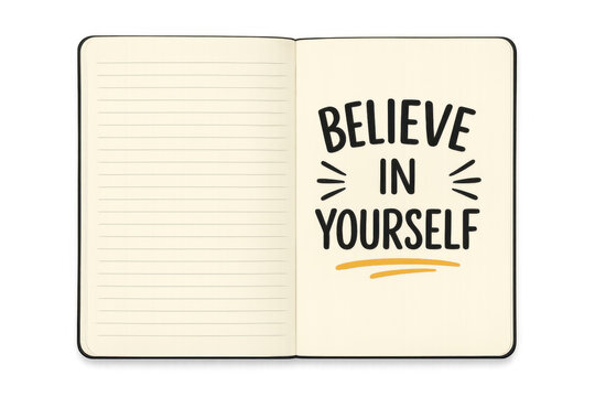 Open notebook with believe in yourself handwritten motivational quote, inspiring personal growth