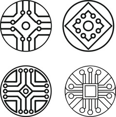 Four circular black and white circuit board patterns technology electronic