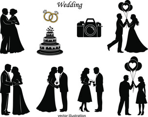 Wedding silhouettes and icon set, including bride and groom, dancing couples, wedding cake, rings, camera, and toasting guests, isolated vector.