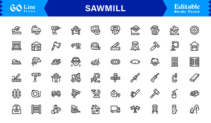 Sawmill And Lumber Industry Line Icon Set – Professional, Modern, Minimal, And Pixel Perfect Woodcutting Symbols