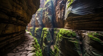 Sunlight streams into a narrow, mosscovered canyon with a rocky path
