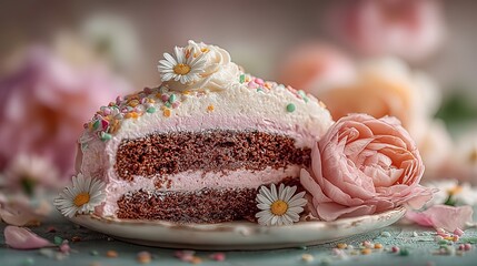 Gourmet chocolate cake pink frosting close-up, scattered petals and sprinkles, e-commerce main shot or blog feature