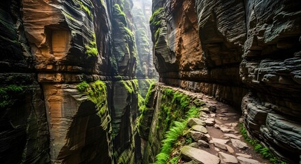 A winding path leads through a deep, verdant canyon with dramatic rock formations