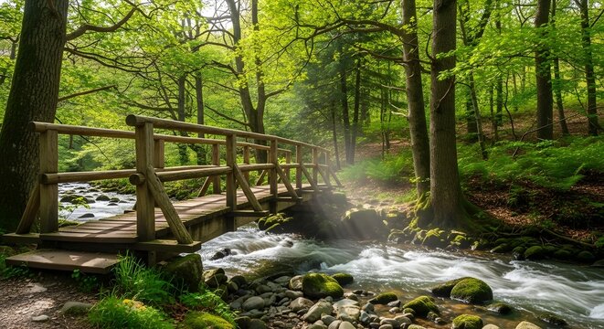 A rustic wooden bridge crosses a clear, flowing stream in a sundappled green forest