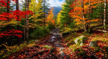 A scenic forest path lined with vibrant autumn foliage and a small stream flowing through fallen leaves
