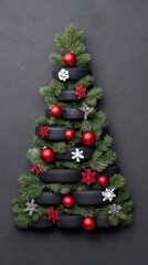 Creative christmas tree made of car tires with festive garland and ornaments