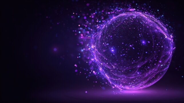 Abstract purple glowing sphere with dynamic energy particles in a cosmic scene
